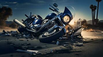 Motorcycle destroyed by a violent accident on the road AI Generative photo