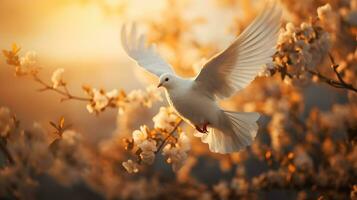 White dove in flight on the background of a blossoming tree AI Generative photo