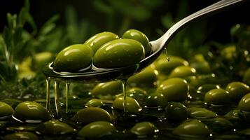 olive oil in spoon and fresh olives on dark green background AI Generative photo