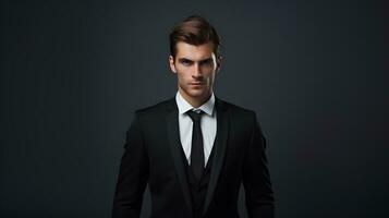 Portrait of young handsome man in black suit on grey background AI Generative photo