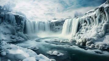 Frozen waterfall in winter with ice and snow, panoramic view AI Generative photo