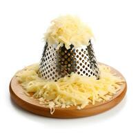 Metal grater with grated cheese on white background AI Generative photo