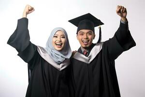 Portrait of young muslim couple wearing graduation gown and mortarboard AI Generative photo