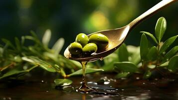 olive oil in spoon with olives on wooden table with green leaves AI Generative photo