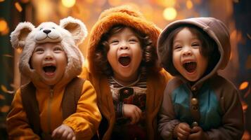 Adorable Kids in a Bright Halloween Scene Wearing Various Costumes. Perfect for Festive Celebrations photo