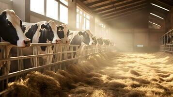 Flock of cows in the barn. Concept of agriculture AI Generative photo