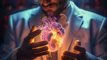 human heart in hands of doctor on dark background AI Generative photo