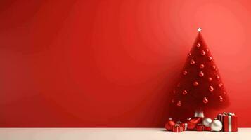 Festive Christmas Decorations and Tree. Minimalist Red Background, Joyful Holiday Atmosphere photo