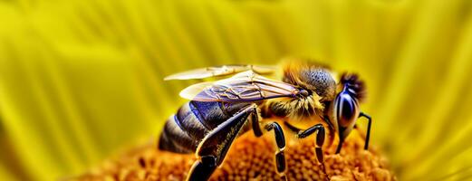 Bees suck pollen from flowers Close up photo Macro photo of an insect wasp