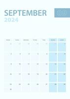 Vertical calendar page of September 2024, Week starts from Monday. vector