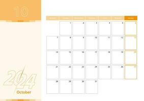 Horizontal planner for October 2024 in the orange color scheme. The week begins on Monday. A wall calendar in a minimalist style. vector