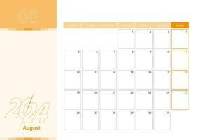 Horizontal planner for August 2024 in the orange color scheme. The week begins on Monday. A wall calendar in a minimalist style. vector