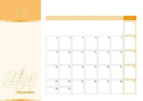 Horizontal planner for December 2024 in the orange color scheme. The week begins on Monday. A wall calendar in a minimalist style. vector