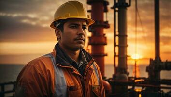 retrato de un hombre petróleo plataforma trabajador con un casco en frente de el costa afuera plataforma con puesta de sol antecedentes. ai generativo foto