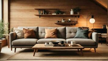 Attic scandinavian home interior design of modern living room. Corner sofa and rustic coffee table against wood lining wall with book shelves. AI Generative photo