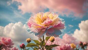 Beautiful colorful flowers with pastel sky and clouds background, Idyllic Meadow. ai generative photo