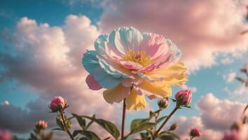 Beautiful colorful flowers with pastel sky and clouds background, Idyllic Meadow. ai generative photo