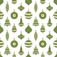 Vector seamless pattern with vintage baubles and decorations for Christmas tree. Green Christmas ornaments and balls on white background. Happy New Year and Merry Christmas.