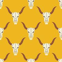 Vector western seamless pattern with cow skull. Buffalo skull on yellow background. Wild west concept.