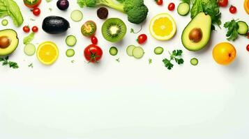 Flat Lay Photo of Various Vegetables and Fruits on the White Background, Healthy Life Concept