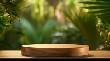 Tropical Product Showcase. Wooden podium amidst lush forest, a green backdrop photo