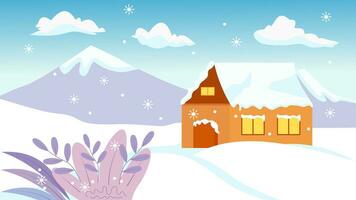 invierno nieve paisaje y casa cubierto por nieve en el montaña aldea. paisaje de frío clima en dibujos animados estilo con que cae copo de nieve. vector