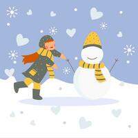 Snowman and girl in warm clothes and scarf enjoy outdoor winter fun in the mountain. vector