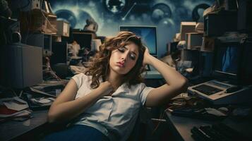 un estresado hembra empleado refleja el retos de trabajo relacionable imagen para lugar de trabajo estrés foto