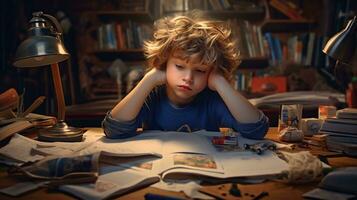 Stressed Kid Studying at Home. Illustrating the Pressures of Study Challenges and Homework Stress photo