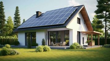 Solar Powered Home. Sustainable and clean energy with solar panel system photo