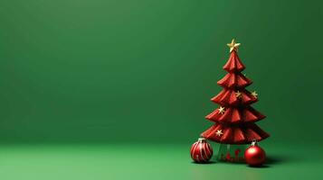 Festive Christmas Decorations and Tree. Minimalist Red Background, Joyful Holiday Atmosphere photo