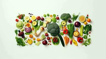 Flat Lay Photo of Various Vegetables and Fruits on the White Background, Healthy Life Concept