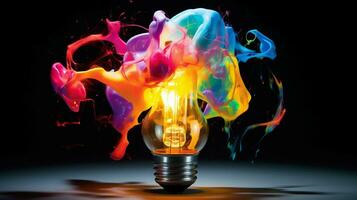 Vibrant explosion. Bursting light bulb creates a colorful masterpiece. Perfect for creative concepts photo