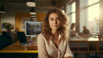 Confident professional woman at office desk, smiling, natural light photo