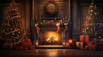 acogedor Navidad interior con un brillante árbol, chimenea, y regalos foto