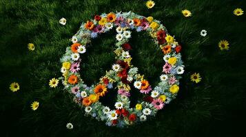 Peace Symbol Made from Various Flowers on the Green Grass Background photo