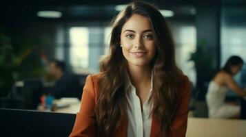 Confident professional woman at office desk, smiling, natural light photo