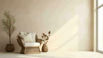 Boho Room Wall Mockup. Natural light, wicker armchair, and minimalist charm photo