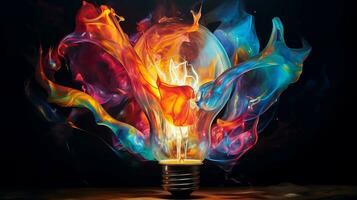 Vibrant explosion. Bursting light bulb creates a colorful masterpiece. Perfect for creative concepts photo