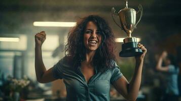 un orgulloso mujer empleado sostiene su oficina logro trofeo, inspirador excelencia a trabajo foto