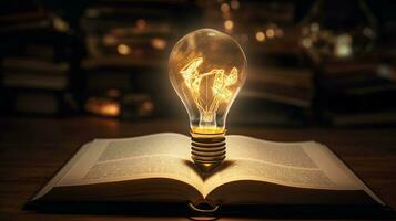 Book gives Ideas. Light bulb on an open book symbolizes inspiration. Ideal for creative concepts photo