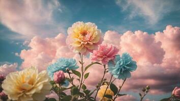 Beautiful colorful flowers with pastel sky and clouds background, Idyllic Meadow. ai generative photo