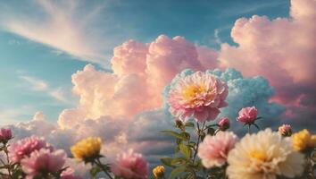 Beautiful colorful flowers with pastel sky and clouds background, Idyllic Meadow. ai generative photo