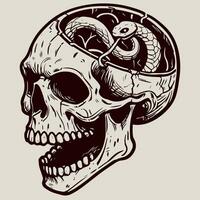 Black and white digital tattoo of a skull with a snake inside the head. Sketch vector of a gothic human skeleton with a viper.