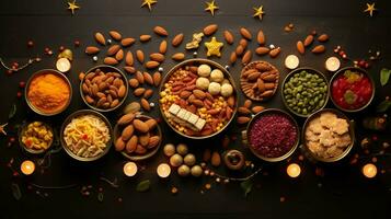 Minimalist Diwali Feast. A tasteful flat lay of festive foods and snacks for a happy celebration photo