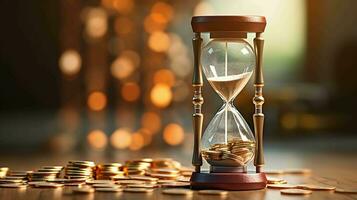 Time is Money. Hourglass and coins symbolize the value of every moment in business photo