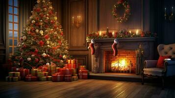 Cozy Christmas interior with a glowing tree, fireplace, and presents photo