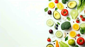 Flat Lay Photo of Various Vegetables and Fruits on the White Background, Healthy Life Concept