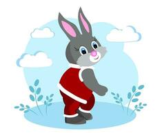 Christmas bunny. A gray rabbit in the costume of Santa Claus. vector