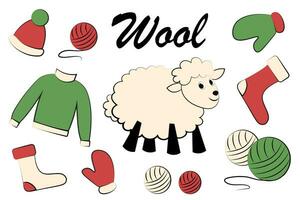 Wool, sheep, knitting threads, sweater, socks and gloves on a white background. Doodle style vector